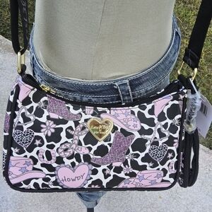 BETSEY JOHNSON LUV BETSEY BLACK/MULTI COLOR CROSSBODY w/WEB STRAP n POUCH
